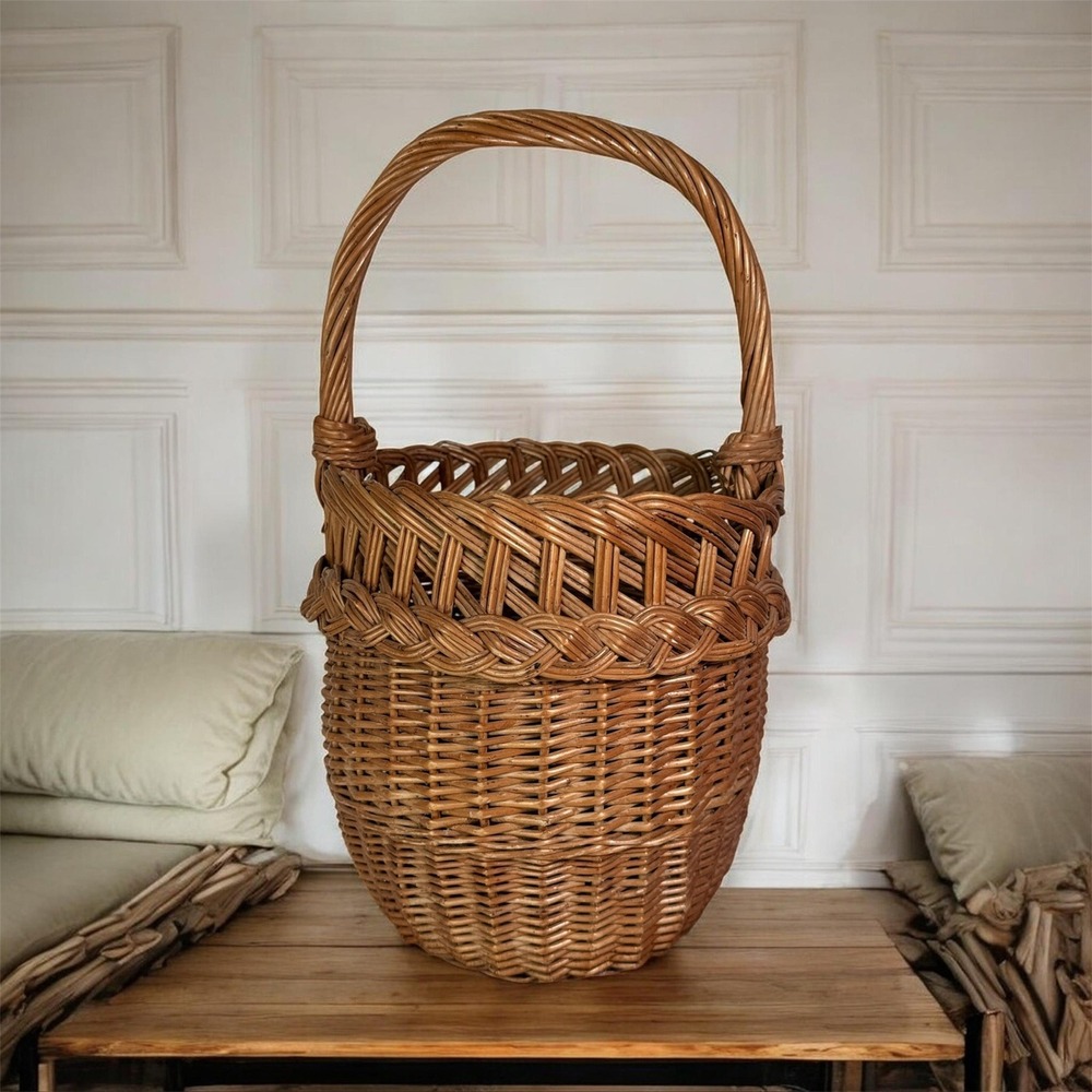 Vintage Wicker Basket with Twisted Handle Braided Rim Brown Farmhouse Decor